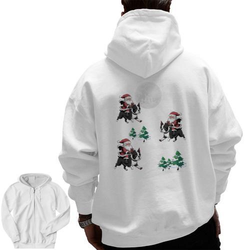 Xmas Tree Santa Riding Boston Terrier Christmas Men Zip Up Hoodie Back Print - Bostonterriersmerch.com