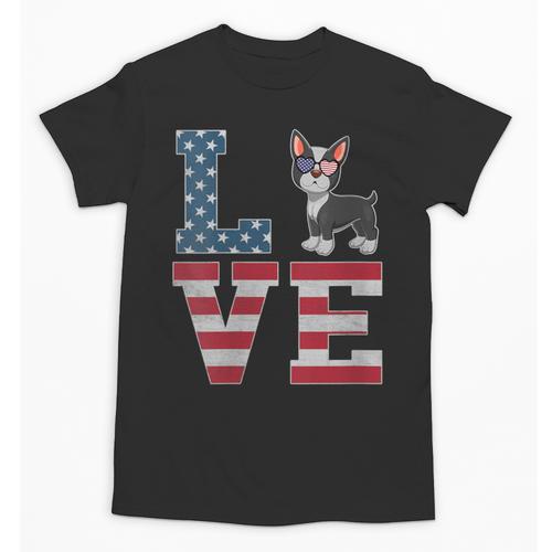 4th Of July Decor Patriotic LOVE Boston Terrier USA Flag Unisex T-Shirt - Bostonterriersmerch.com