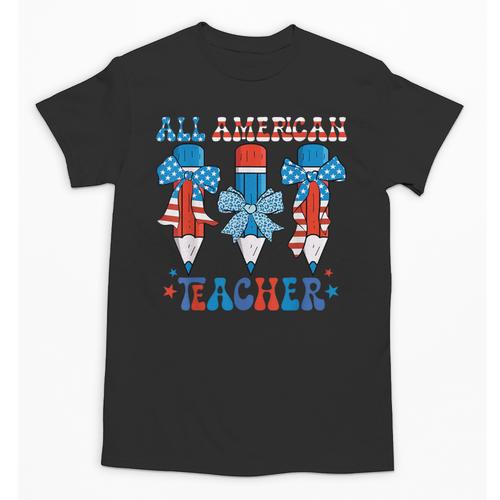 All American Teacher Pencil Coquette Bow USA Flag Teachers Unisex T-Shirt - teacherstshirts.com UK