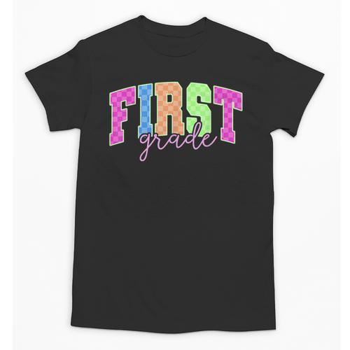 Back To School Neon Checkered First Grade Colorful Teacher Unisex T-Shirt - teacherstshirts.com CA