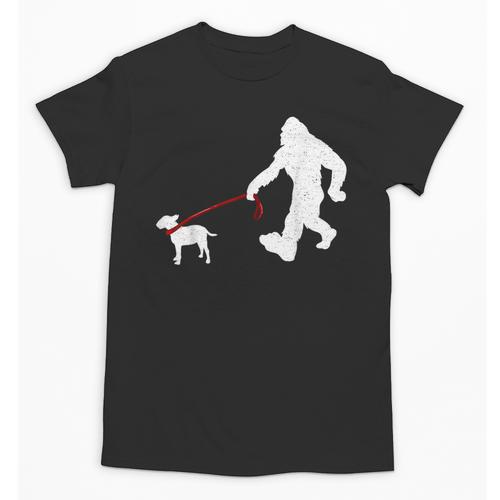 Bigfoot Walking With Bull Terrier Dog Unisex T-Shirt - Bostonterriersmerch.com