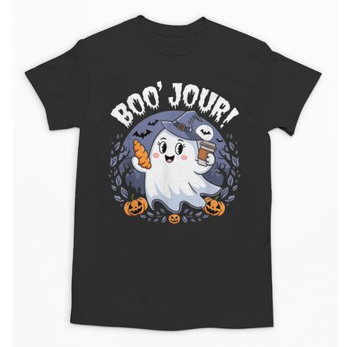 Boo Jour Ghost Halloween French Teacher Cute Coffe Croissant Unisex T-Shirt - teacherstshirts.com