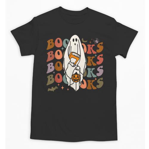 Booooks Ghost Halloween Groovy Vintage Teacher Book Reading Unisex T-Shirt - teacherstshirts.com CA