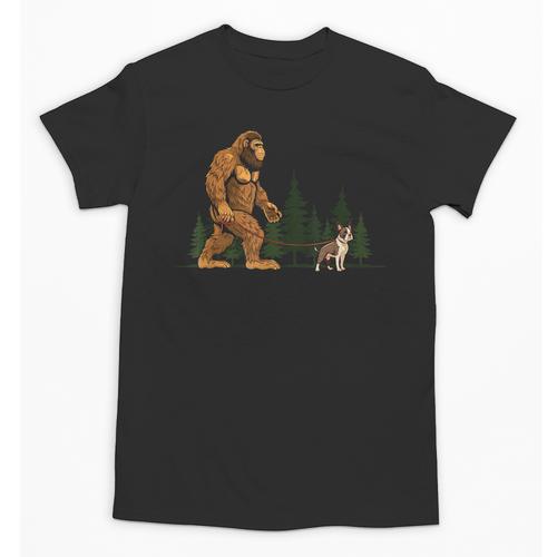 Boston Terrier Bigfoot Dog Walking Dog Mom Dad Kids Unisex T-Shirt - Bostonterriersmerch.com