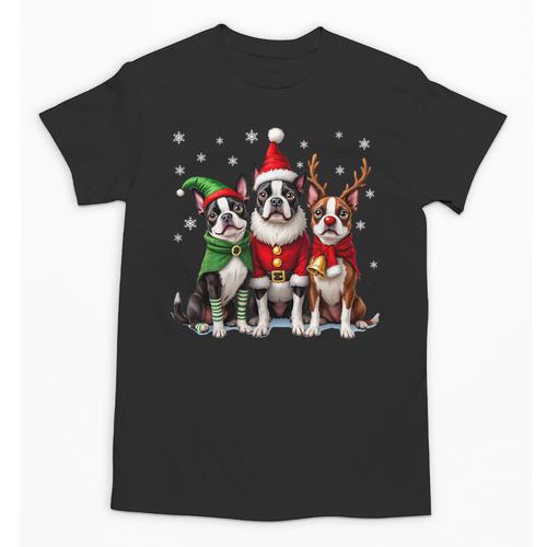 Boston Terrier Christmas Dogs Santa Reindeer Elf Unisex T-Shirt - Bostonterriersmerch.com
