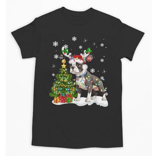Boston Terrier Christmas Tree Lights Santa Hat Unisex T-Shirt - Bostonterriersmerch.com
