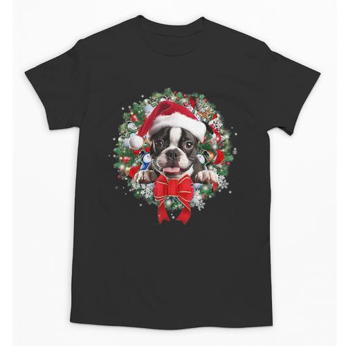 Boston Terrier Christmas Wreath Decoration Xmas Pajamas Unisex T-Shirt - Bostonterriersmerch.com