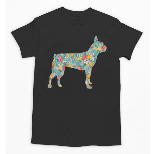 Boston Terrier Flower Silhouette Floral Dog Men Women Girls Kids Unisex T-Shirt - Bostonterriersmerch.com CA