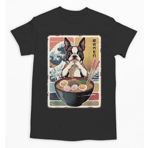 Boston Terrier Ramen Noodles Japanese Art Retro Ocean Waves Unisex T-Shirt - Bostonterriersmerch.com