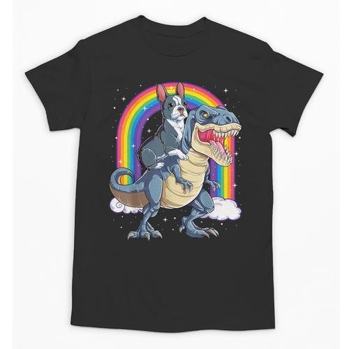 Boston Terrier Riding Dinosaur T-Rex Boys Kids Rainbow Unisex T-Shirt - Bostonterriersmerch.com