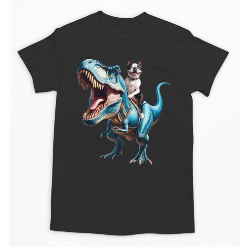 Boston Terrier Riding T-Rex Dinosaur Dog Lover Unisex T-Shirt - Bostonterriersmerch.com