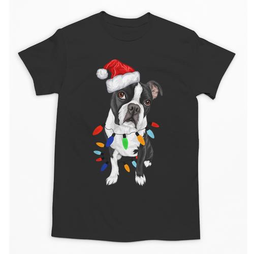 Boston Terrier Santa Christmas Lights Xmas Dog Lover Men Women Kids Unisex T-Shirt - Bostonterriersmerch.com
