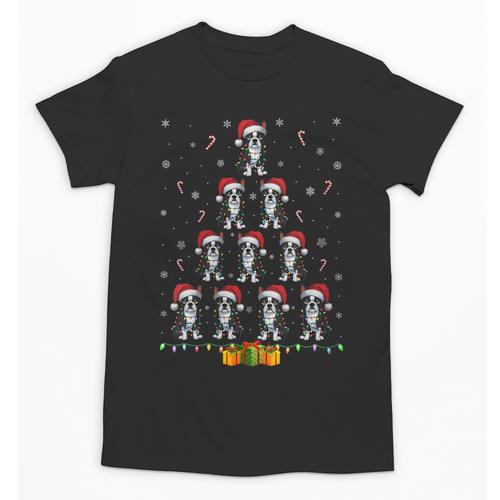 Boston Terrier Santa Hat Xmas Light Men Women Christmas Tree Unisex T-Shirt - Bostonterriersmerch.com