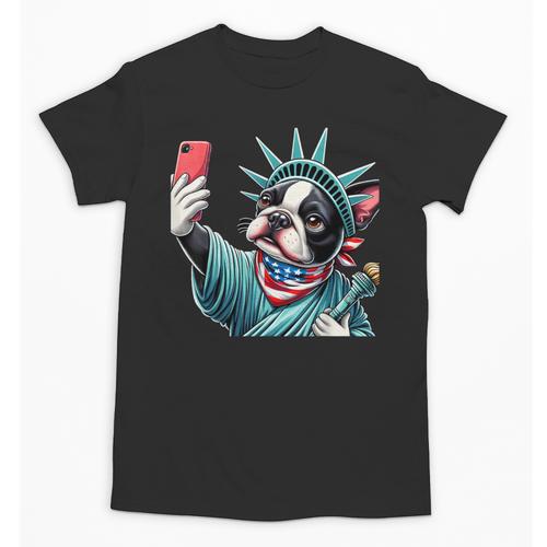 Boston Terrier Selfie Statue Of Liberty 4th Of July American Unisex T-Shirt - Bostonterriersmerch.com