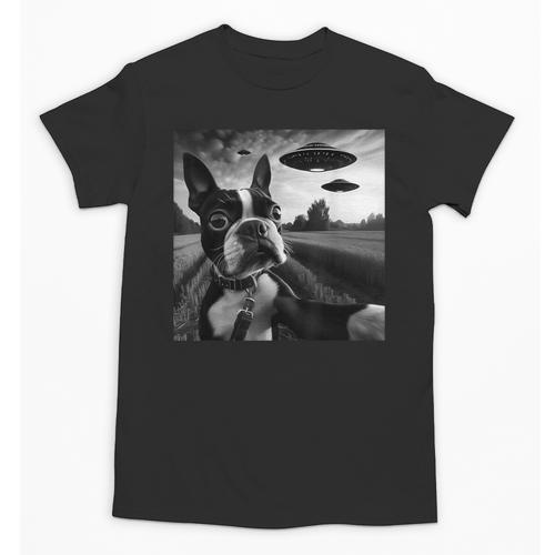 Boston Terrier Graphic Selfie With UFOs Weird Aliens Unisex T-Shirt - Bostonterriersmerch.com