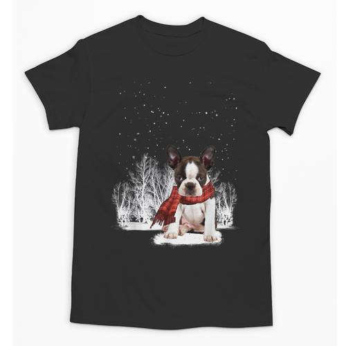 Boston Terrier In The Snow Merry Christmas Winter Unisex T-Shirt - Bostonterriersmerch.com
