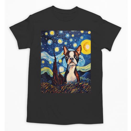 Boston Terrier Starry Night Van Gogh Art Unisex T-Shirt - Bostonterriersmerch.com
