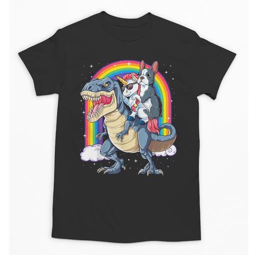 Boston Terrier Unicorn Riding Dinosaur T-Rex Girls Rainbow Unisex T-Shirt - Bostonterriersmerch.com