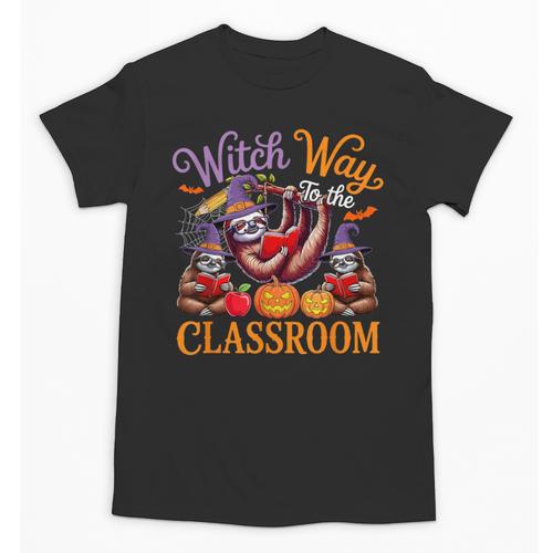 Way To Classroom Halloween Witch Three Cute Sloths Teacher Unisex T-Shirt - teacherstshirts.com