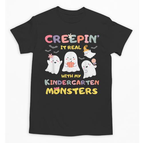Creepin It Real With Kindergarten Monsters Halloween Teacher Unisex T-Shirt - teacherstshirts.com DE