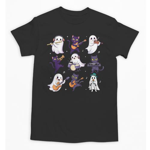 Cute Ghost Cat Playing Musical Halloween Music Teacher Unisex T-Shirt - teacherstshirts.com
