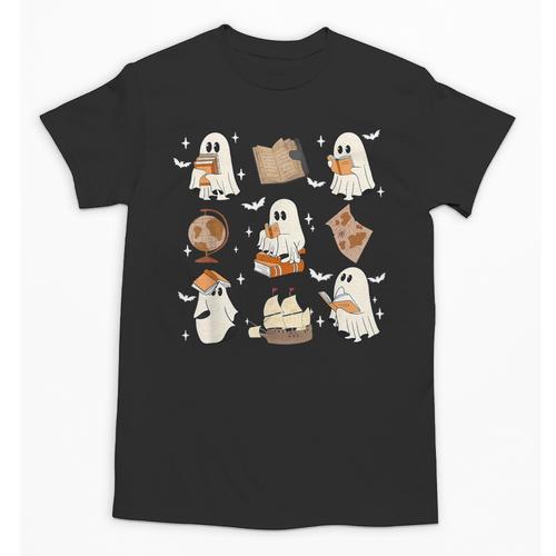 Cute Ghosts Reading Book Bookworm Halloween History Teacher Unisex T-Shirt - teacherstshirts.com