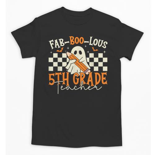 Fab Boo Lous 5th Grade Teacher Retro Ghost Spooky Halloween Unisex T-Shirt - teacherstshirts.com CA