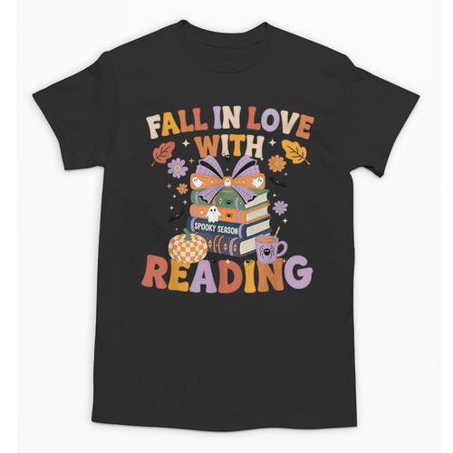 Fall In Love With Reading Halloween Stack Of Book Teacher Unisex T-Shirt - teacherstshirts.com AU
