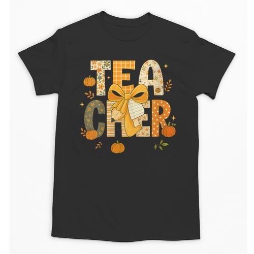 Fall Teacher Pumpkin Coquette Bow Autumn Classroom Unisex T-Shirt - teacherstshirts.com AU