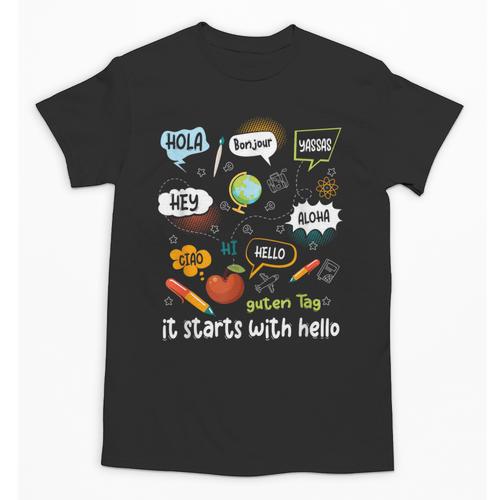 Friendship Inclusion Language Teacher It Starts With Hello Unisex T-Shirt - teacherstshirts.com