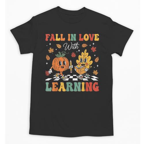 Groovy Fall In Love With Learning Autumn Pumpkin Teacher Unisex T-Shirt - teacherstshirts.com