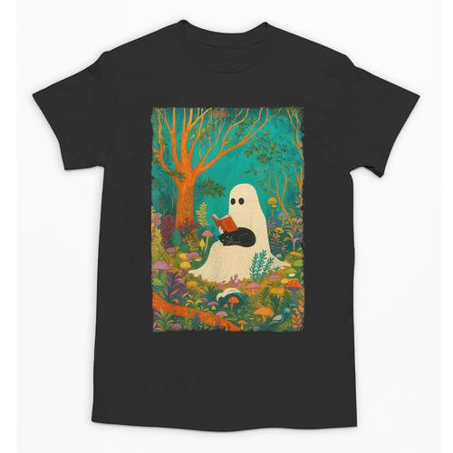 Groovy Ghost Reading Book Cat Halloween Ghost Teacher Unisex T-Shirt - teacherstshirts.com DE