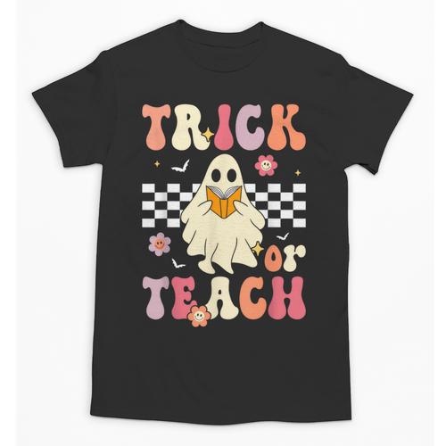 Groovy Teacher Halloween Retro Trick Or Teach Floral Ghost Unisex T-Shirt - teacherstshirts.com UK