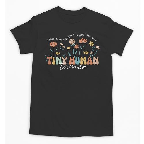 Groovy Tiny Human Tamer Floral Kindergarten Teacher Unisex T-Shirt - teacherstshirts.com DE