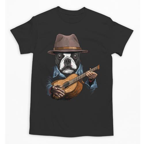 Guitar Shirt Boston Terrier Dog Playing Acoustic Guitar Unisex T-Shirt - Bostonterriersmerch.com