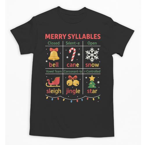 Merry Syllables Teacher Christmas Educational Kids Unisex T-Shirt - teacherstshirts.com AU