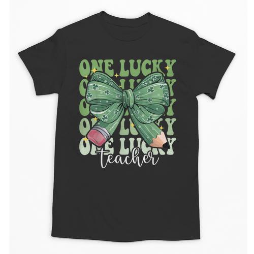 One Lucky Teacher Coquette Bow St Patricks Day Teacher Unisex T-Shirt - teacherstshirts.com UK