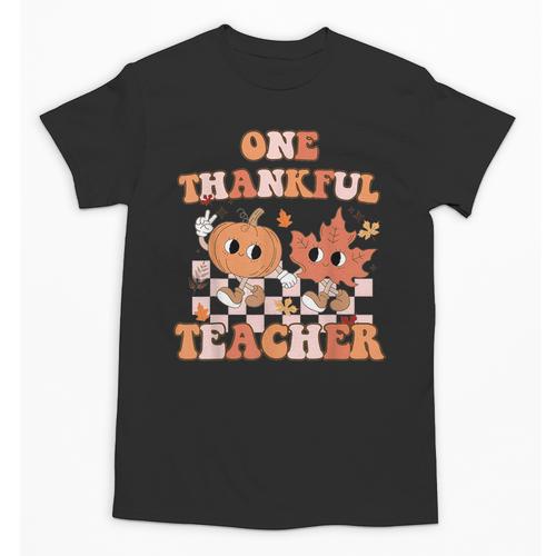 One Thankful Teacher Fall Leaves Thanksgiving Retro Unisex T-Shirt - teacherstshirts.com UK