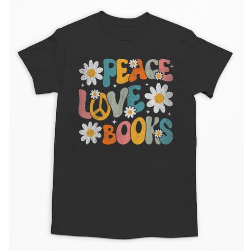 Peace Love Books Bookworm Librarian Reading Teacher Groovy Unisex T-Shirt - teacherstshirts.com UK