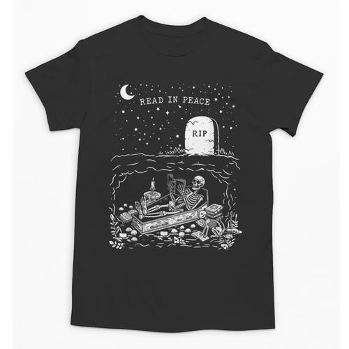 Read In Peace Skeleton Halloween Book Reading Spooky Teacher Unisex T-Shirt - teacherstshirts.com DE