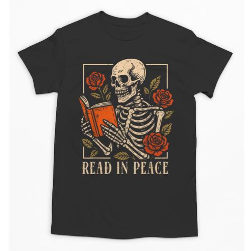 Read In Peace Skeleton Reading Book Halloween Teacher Unisex T-Shirt - teacherstshirts.com AU