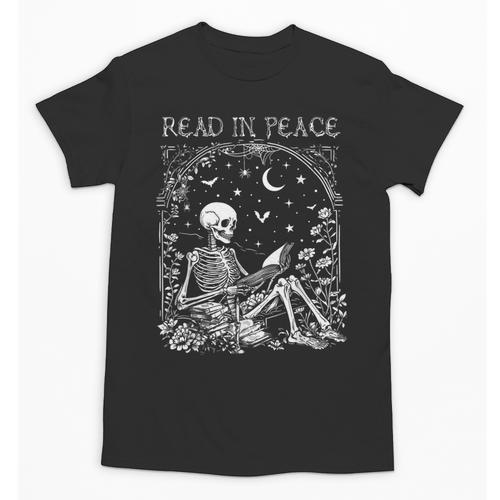 Read In Peace Skeleton Reading Teacher Spooky Halloween Unisex T-Shirt - teacherstshirts.com AU