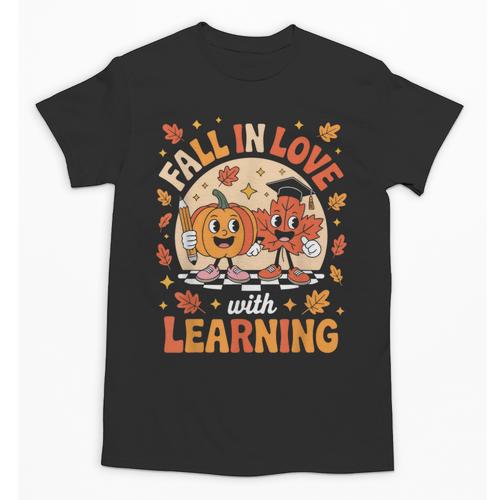 Retro Fall In Love With Learning Pumpkin Leaf Teacher Autumn Unisex T-Shirt - teacherstshirts.com UK