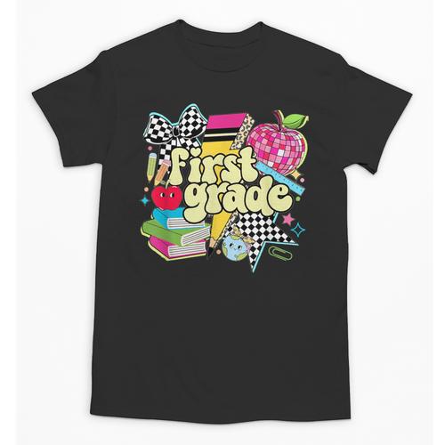 Retro First Grade Teacher Disco Ball Coquette Back To School Unisex T-Shirt - teacherstshirts.com AU