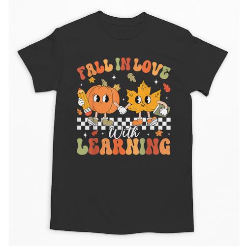 Retro Pumpkin Fall In Love With Learning Autumn Teacher Unisex T-Shirt - teacherstshirts.com