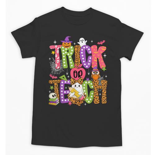 Retro Trick Or Teach Leopard Ghost Halloween Spooky Teacher Unisex T-Shirt - teacherstshirts.com AU