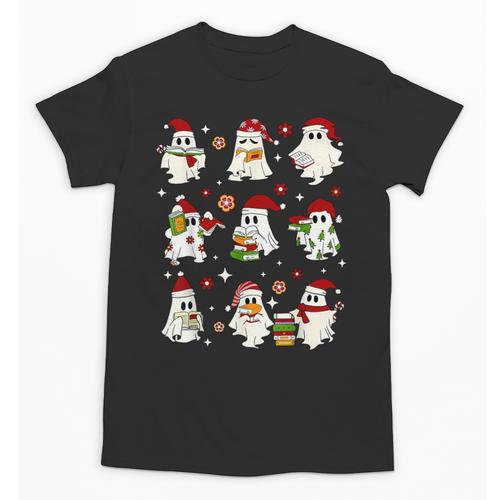 Santa Ghost Reading Books Christmas Library Teacher Unisex T-Shirt - teacherstshirts.com AU