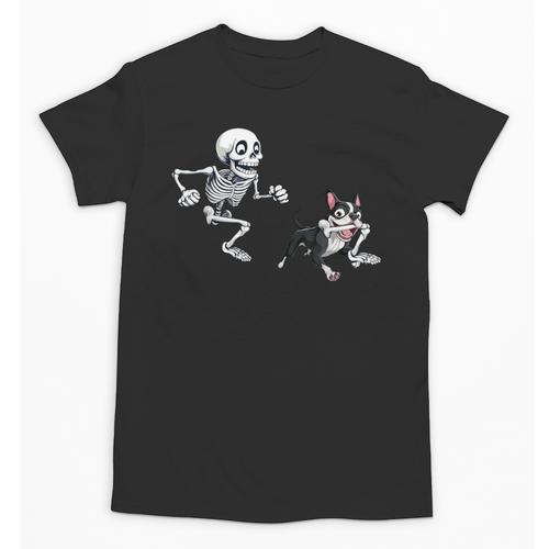 Skeleton Chasing Dog Boston Terrier Halloween Pet Lover Unisex T-Shirt - Bostonterriersmerch.com