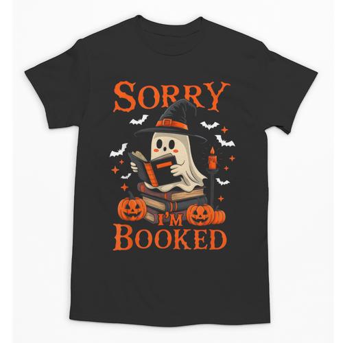 Sorry I'm Booked Ghost Reading Book Lover Teacher Halloween Unisex T-Shirt - teacherstshirts.com
