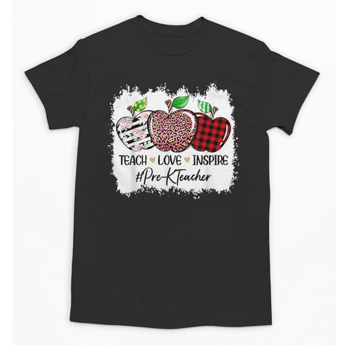Teach Love Inspire Pre-k Teacher Apple Leopard Red Plain Unisex T-Shirt - teacherstshirts.com UK